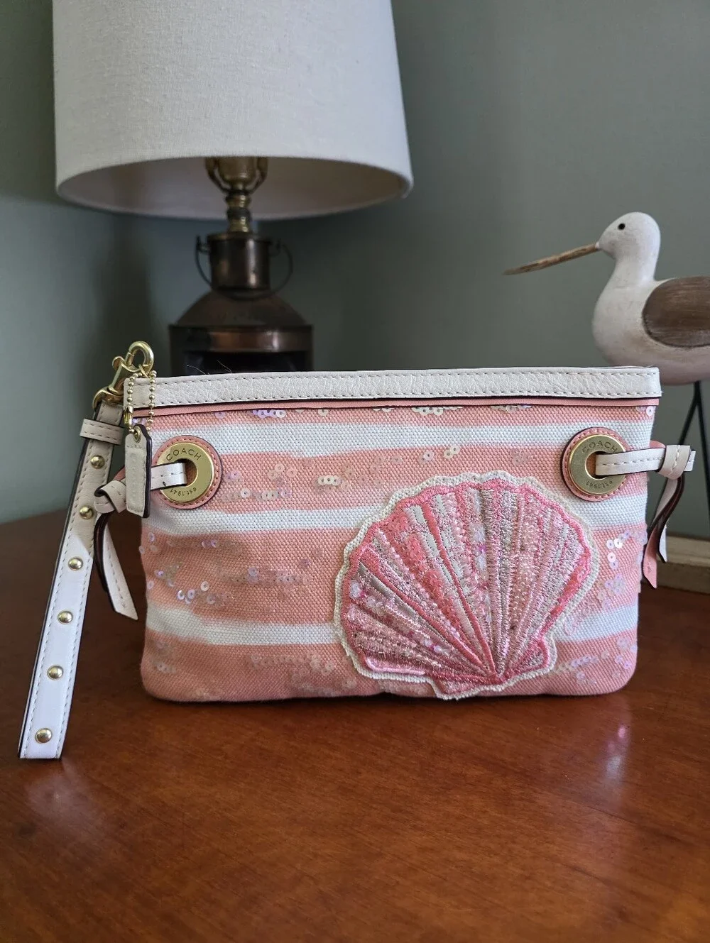 Coach Audrey Pink Sequin Shell Canvas Studded Wristlet Bag